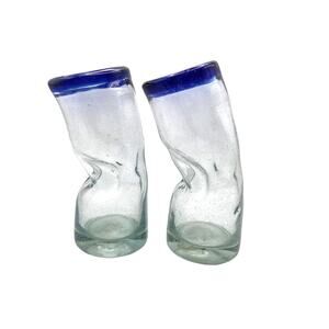Hand Blown Bullicante Drunken Glass or Vase Cobalt Blue Trim Bent
Set of Two